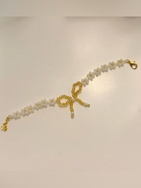 Homemade Gold Bow White Beaded Floral Bracelet - Women Jewelry